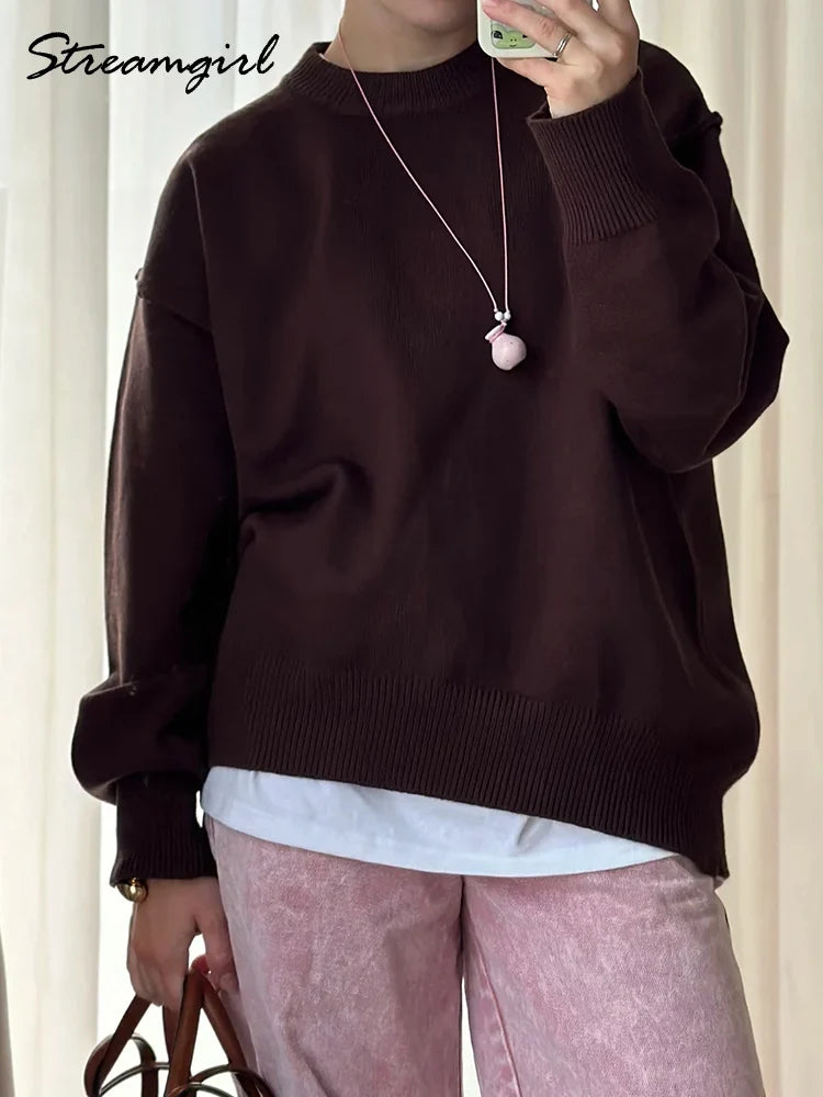 Women's Soft Oversized Crew Neck Long-Sleeve Knit Sweater Yellow