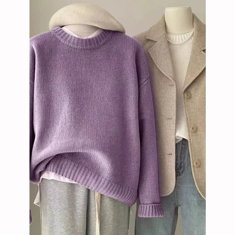 Ribbed crew-neck knit sweater, loose fit, multicolored