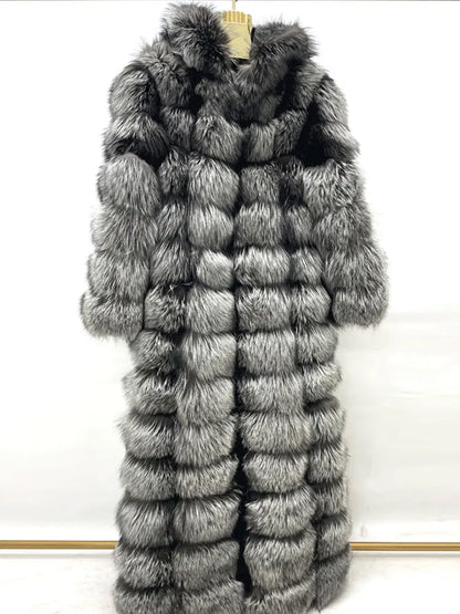 Women's long faux fur coat with hood - Black