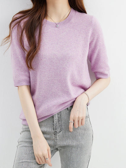 Women's short-sleeve knitted sweater, crew neck, ribbed hem
