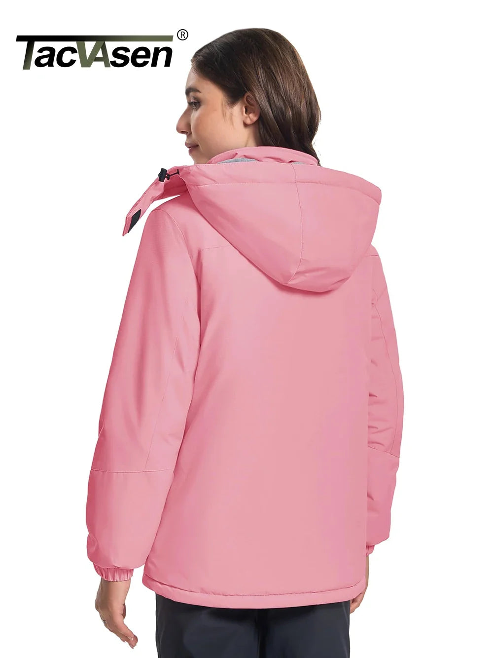 Women's winter outdoor jacket with hood and zippered pockets