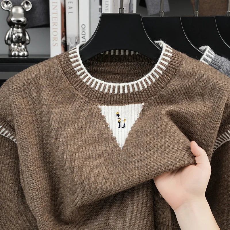 Men's Crew-Neck Knit Sweater with Pattern Detail and Contrast Cuffs