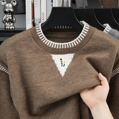 Men's Crew-Neck Knit Sweater with Pattern Detail and Contrast Cuffs