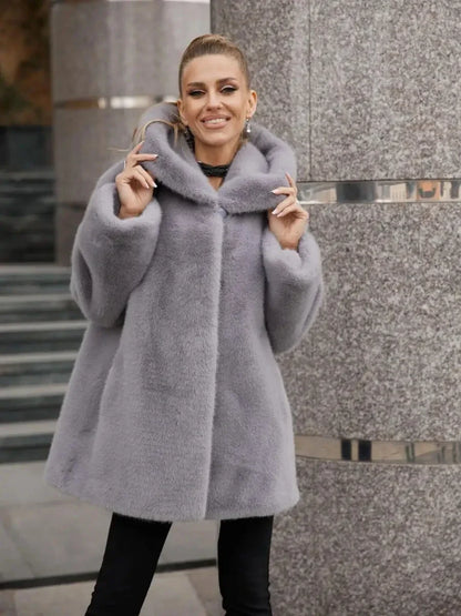 Damen Kurzmantel mit Kapuze Plüsch-Optik Winter