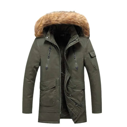 Men's parka winter jacket with fur hood and pockets, khaki
