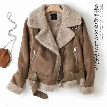 Women's Biker Jacket with Fleece Lining and Zipper