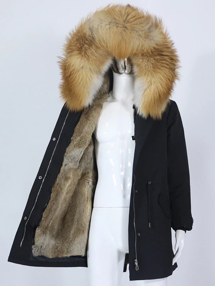 Women's winter parka with hood and fur trim, warm jacket, unisex
