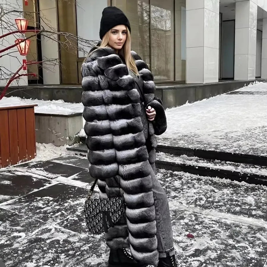 Damen Langer Faux-Pelz-Mantel Gestreift Schwarz-Weiß Warmer Wintermantel