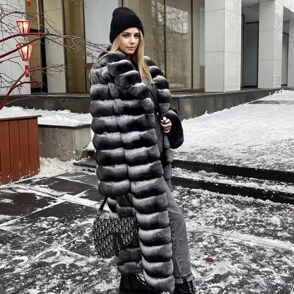 Damen Langer Faux-Pelz-Mantel Gestreift Schwarz-Weiß Warmer Wintermantel