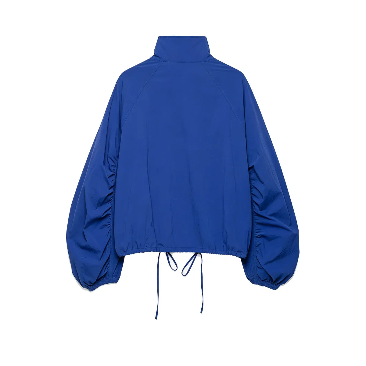 Blue women's blouse with stand-up collar and drawstring hem