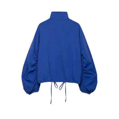 Blue women's blouse with stand-up collar and drawstring hem