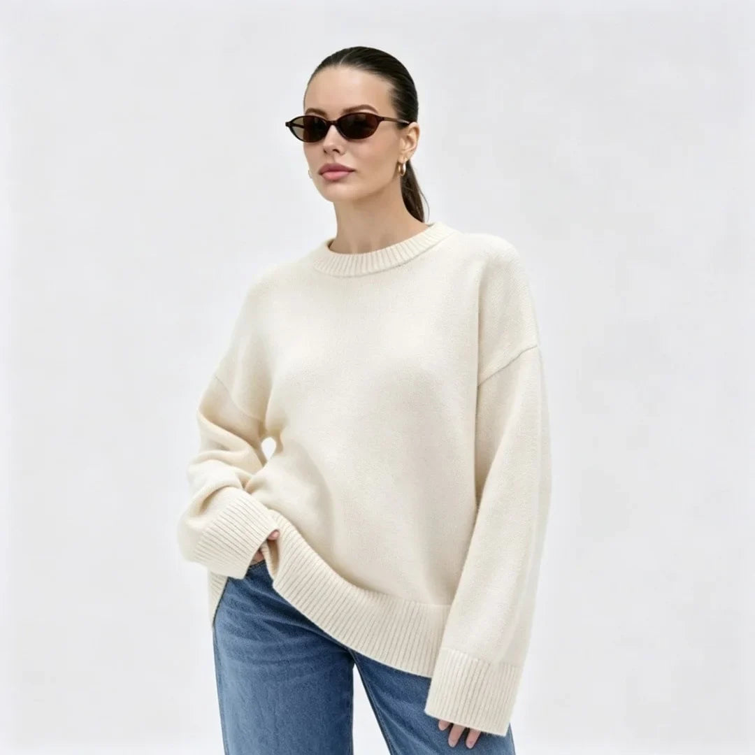 Women's Oversized Crewneck Sweater with Ribbed Cuffs, Loose-Fit Knit