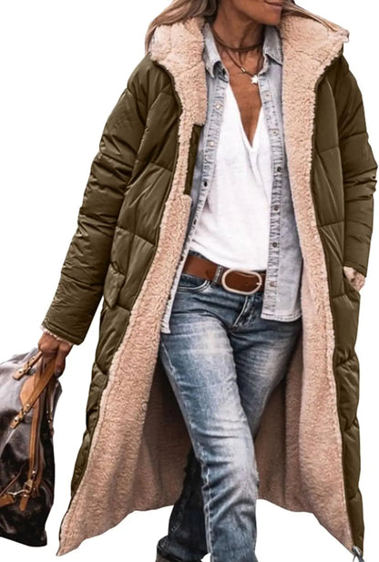 Long women's quilted coat with teddy lining & hood - Warmly lined winter coat