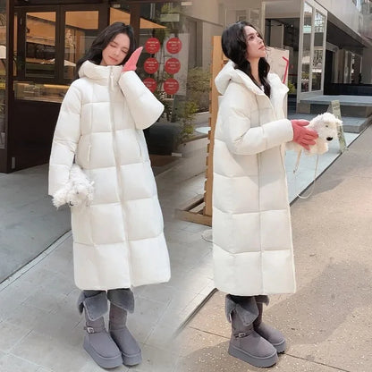 Long quilted coat with hood for women, winter