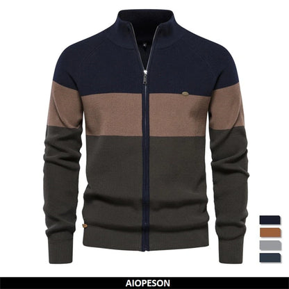 Men's zip-up cardigan with stand collar and color-block design