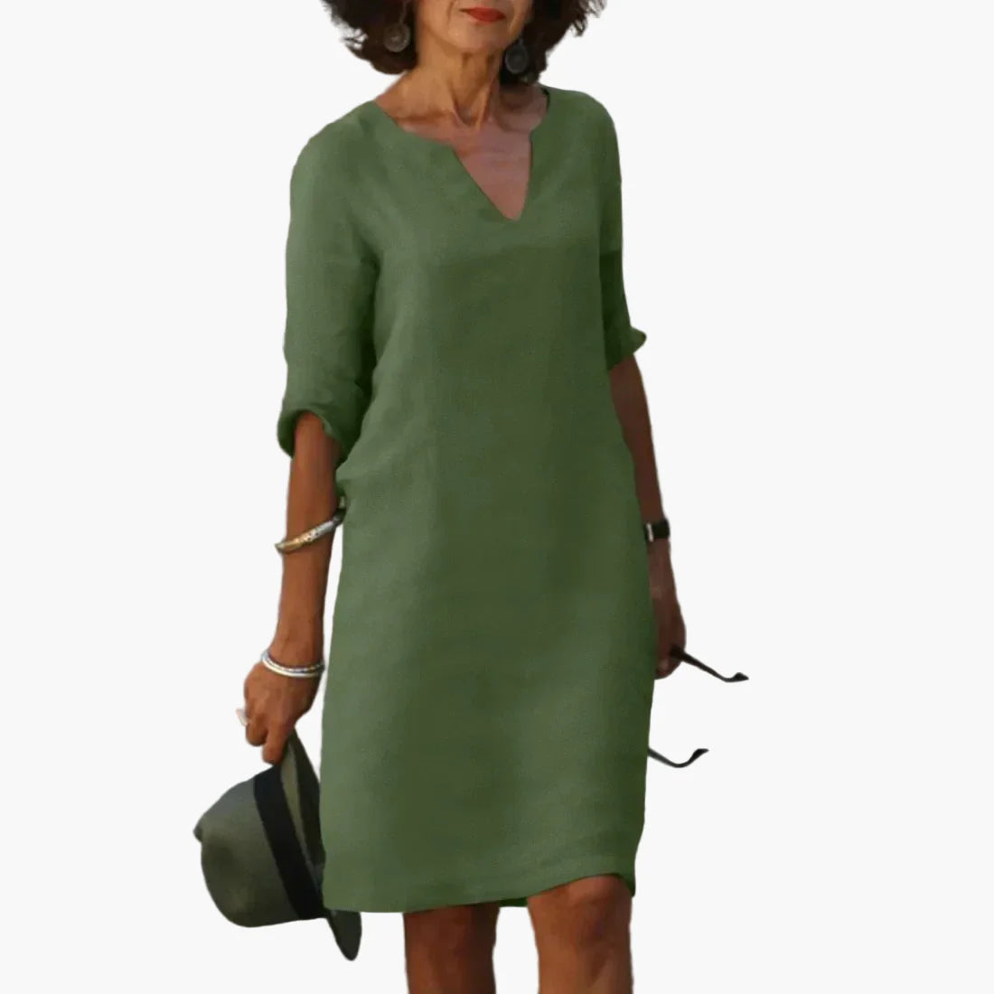 Damen Freizeitkleid mit V-Ausschnitt und 3/4-Ärmeln – Elegantes Alltagskleid für Büro und Freizeit