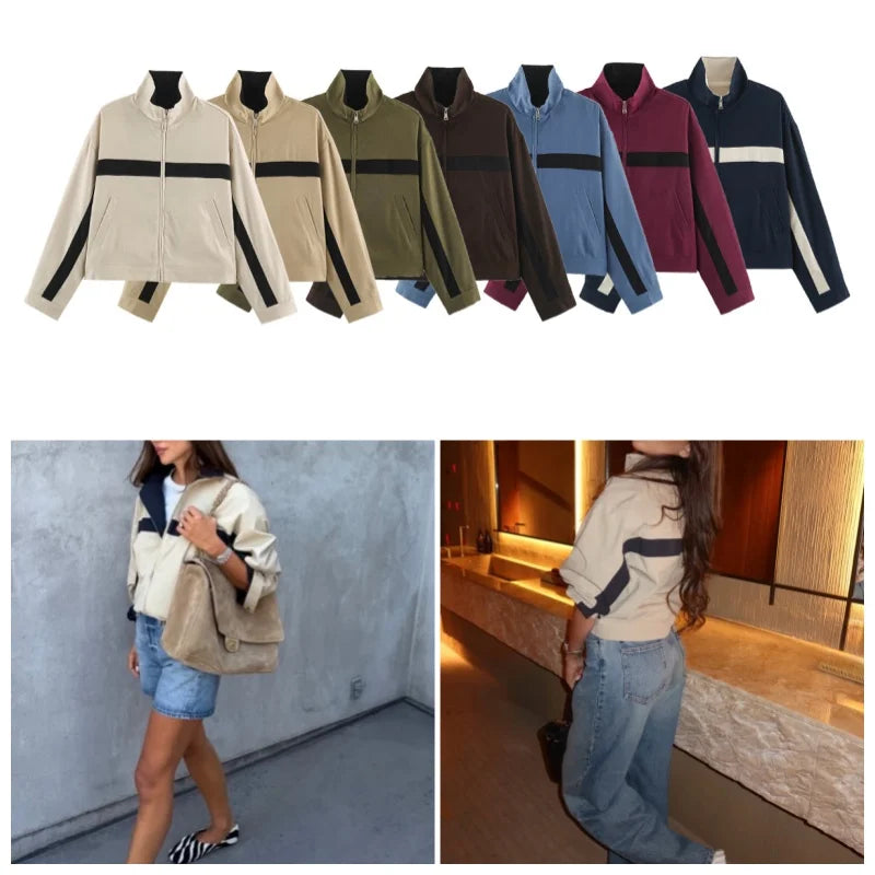 Women's cropped jacket with zipper, stand collar, and block stripes