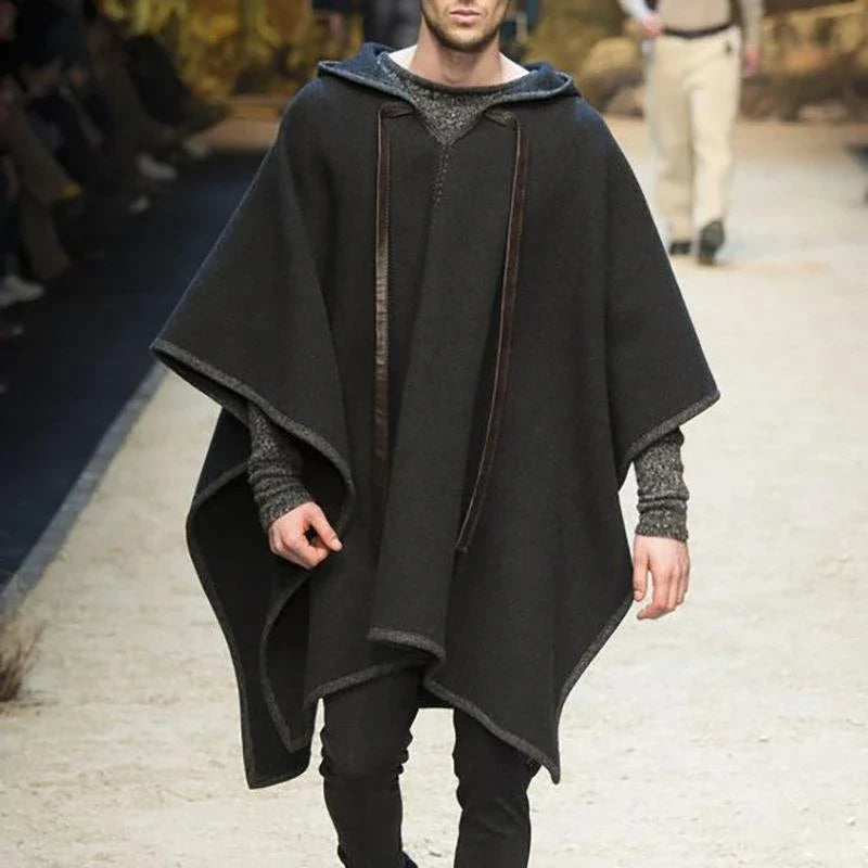 Herren Hoodie Poncho Schwarz mit Kordelzug