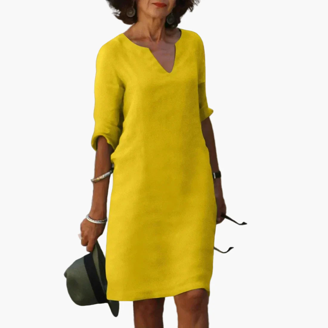 Damen Freizeitkleid mit V-Ausschnitt und 3/4-Ärmeln – Elegantes Alltagskleid für Büro und Freizeit