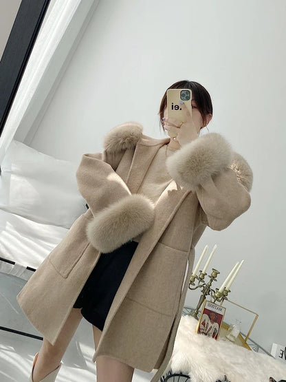 Women's Short Coat with Fur Collar and Fur Cuffs, Belted Wrap Coat