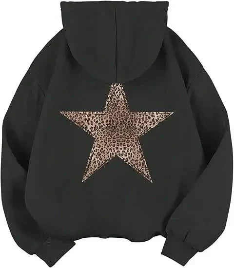Women's hoodie with leopard star print on the back, oversized hooded sweatshirt
