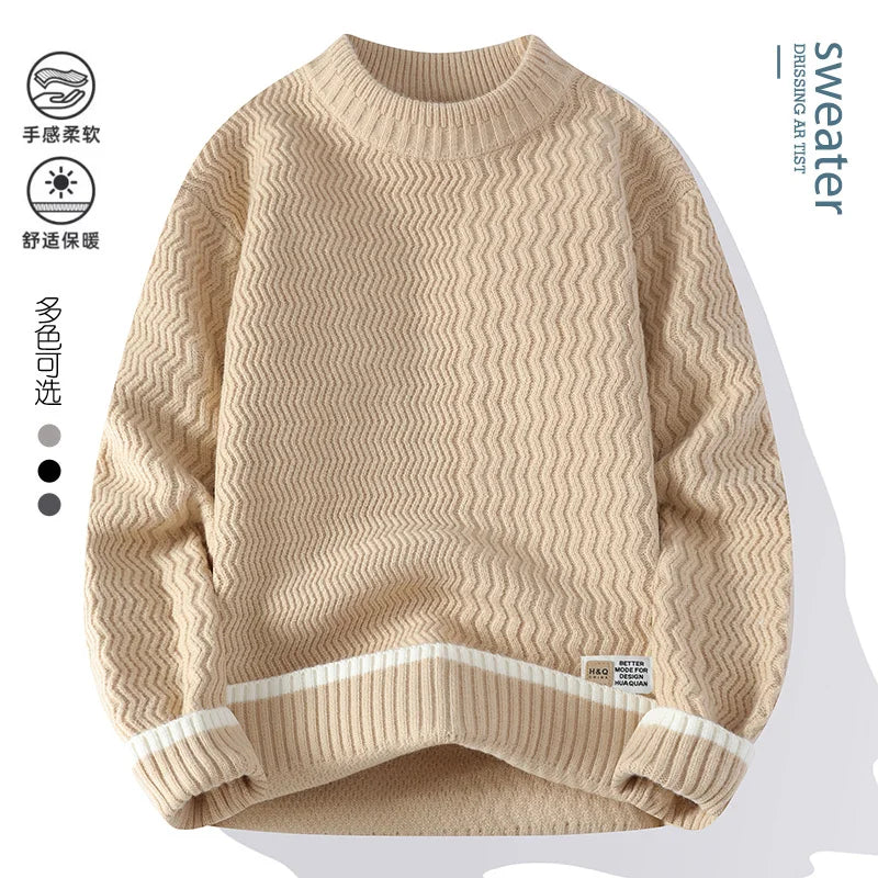 Men's turtleneck knitted sweater with wave pattern, red