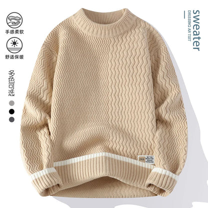 Men's turtleneck knitted sweater with wave pattern, red
