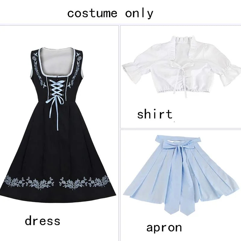 Damen Dirndl Trachtenkleid Schwarz Blau mit Stickerei und Schürze
