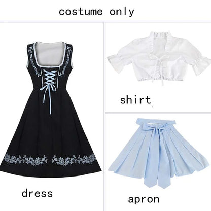 Damen Dirndl Trachtenkleid Schwarz Blau mit Stickerei und Schürze
