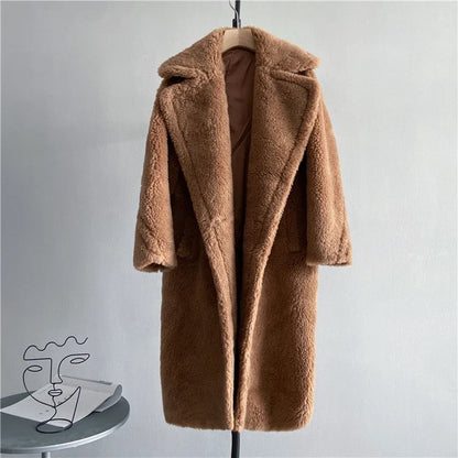 Damen Teddyfell-Mantel Lang Zweireihig Beige Winter