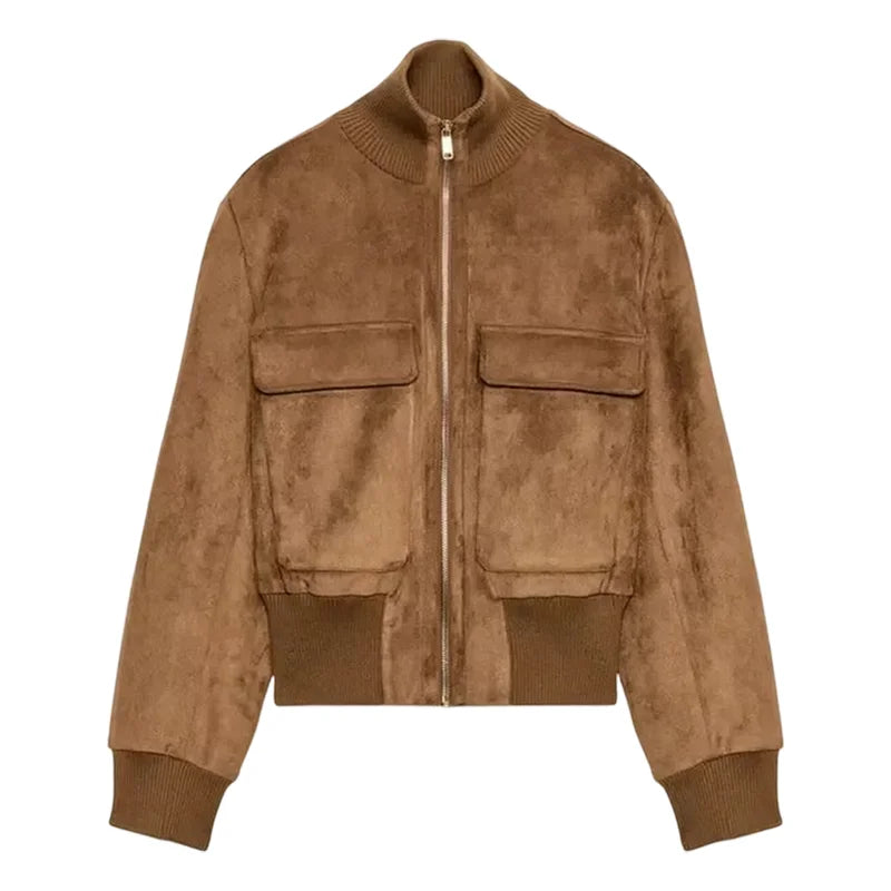 Women's suede-look bomber jacket stand collar short sleeve dark brown
