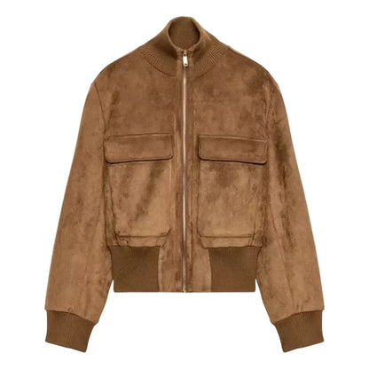 Women's suede-look bomber jacket stand collar short sleeve dark brown