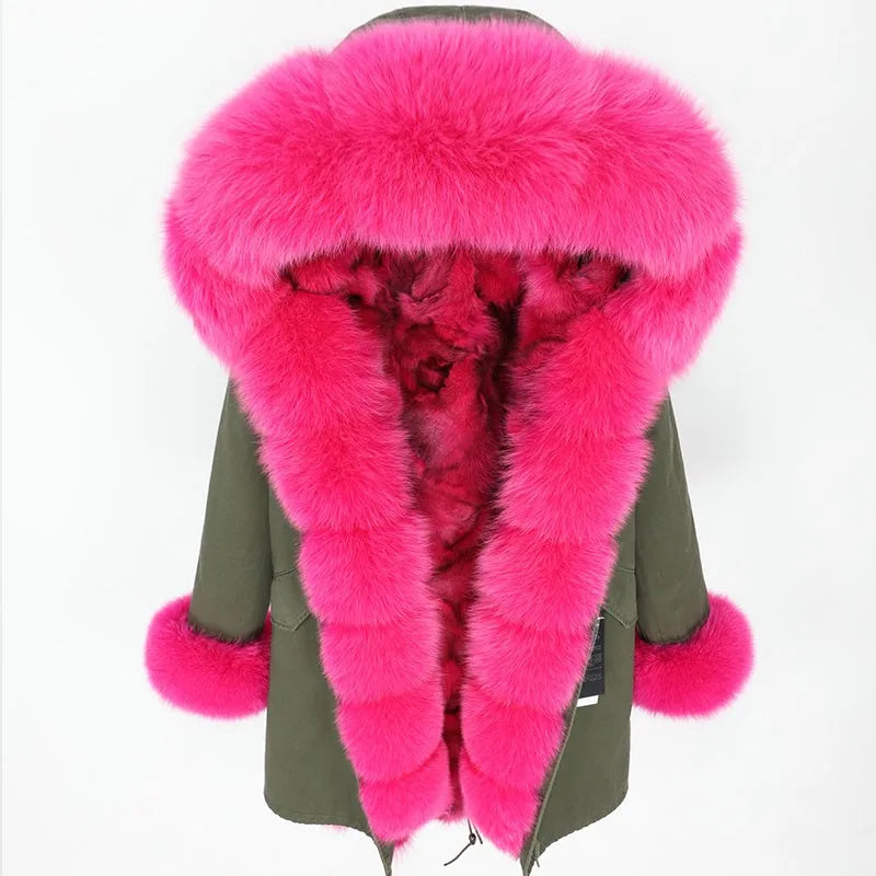 Women's winter parka with pink faux fur lining & hood