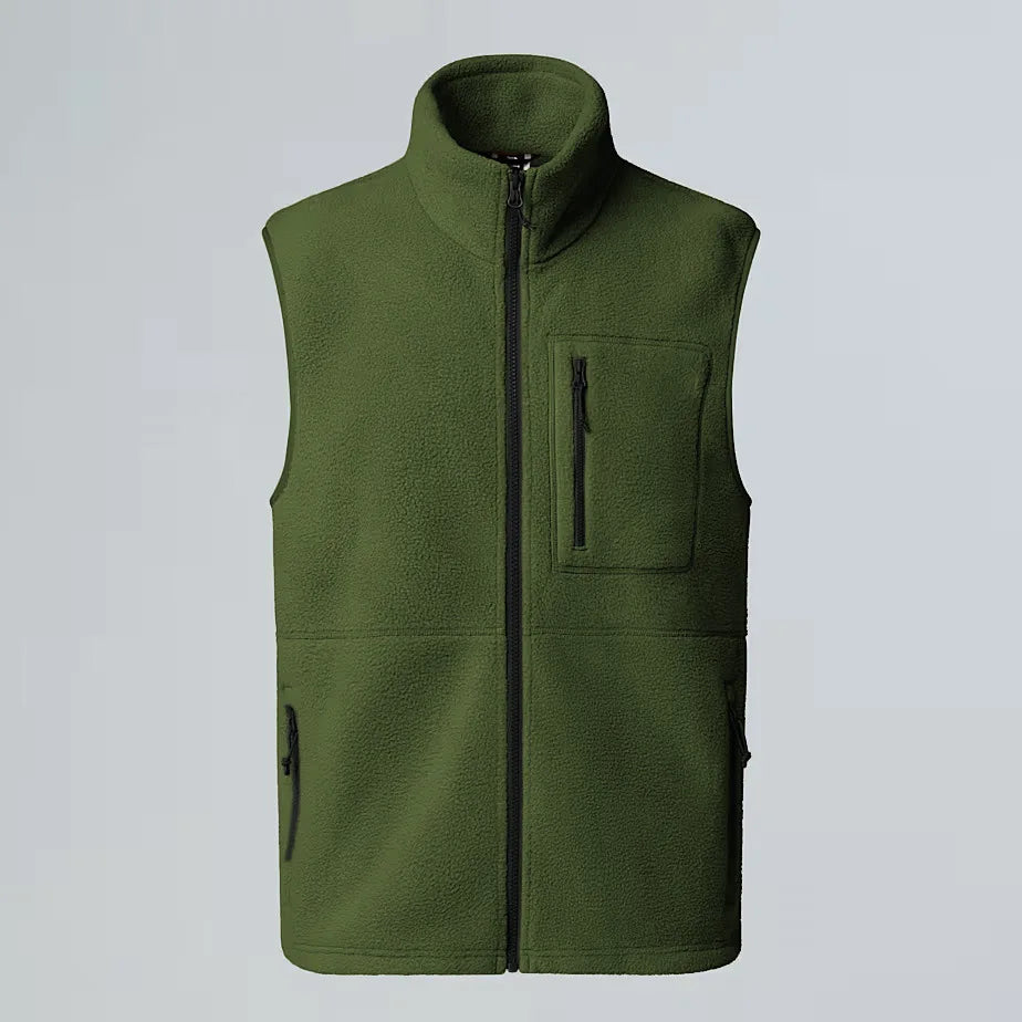 Unisex fleece vest with stand-up collar, zipper, and chest pocket