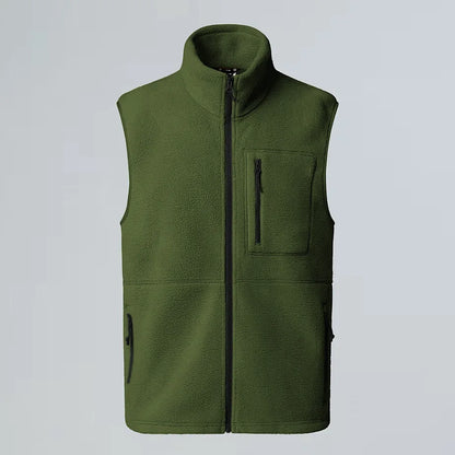 Unisex fleece vest with stand-up collar, zipper, and chest pocket