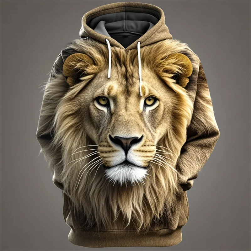 Hoodie with lion head print, beige/brown