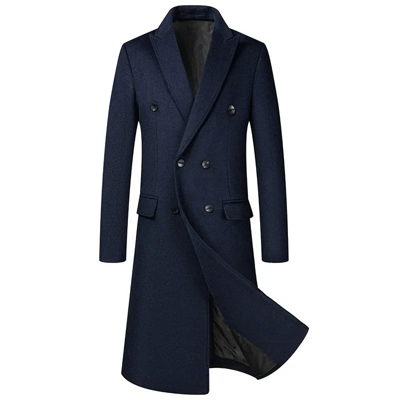 Men's long double-breasted slim-fit winter coat, wool-look, elegant