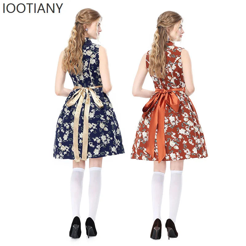 Women's dirndl mini dress with floral pattern, sleeveless blouse, and apron