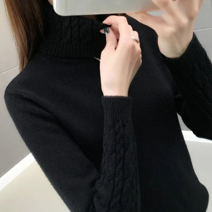 Women's turtleneck knitted sweater with cable-knit sleeves