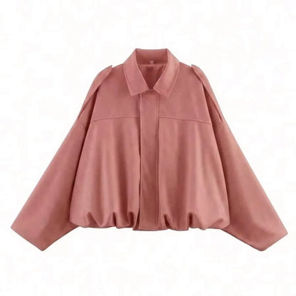 Women's cropped short transition jacket with lapel collar and long sleeves
