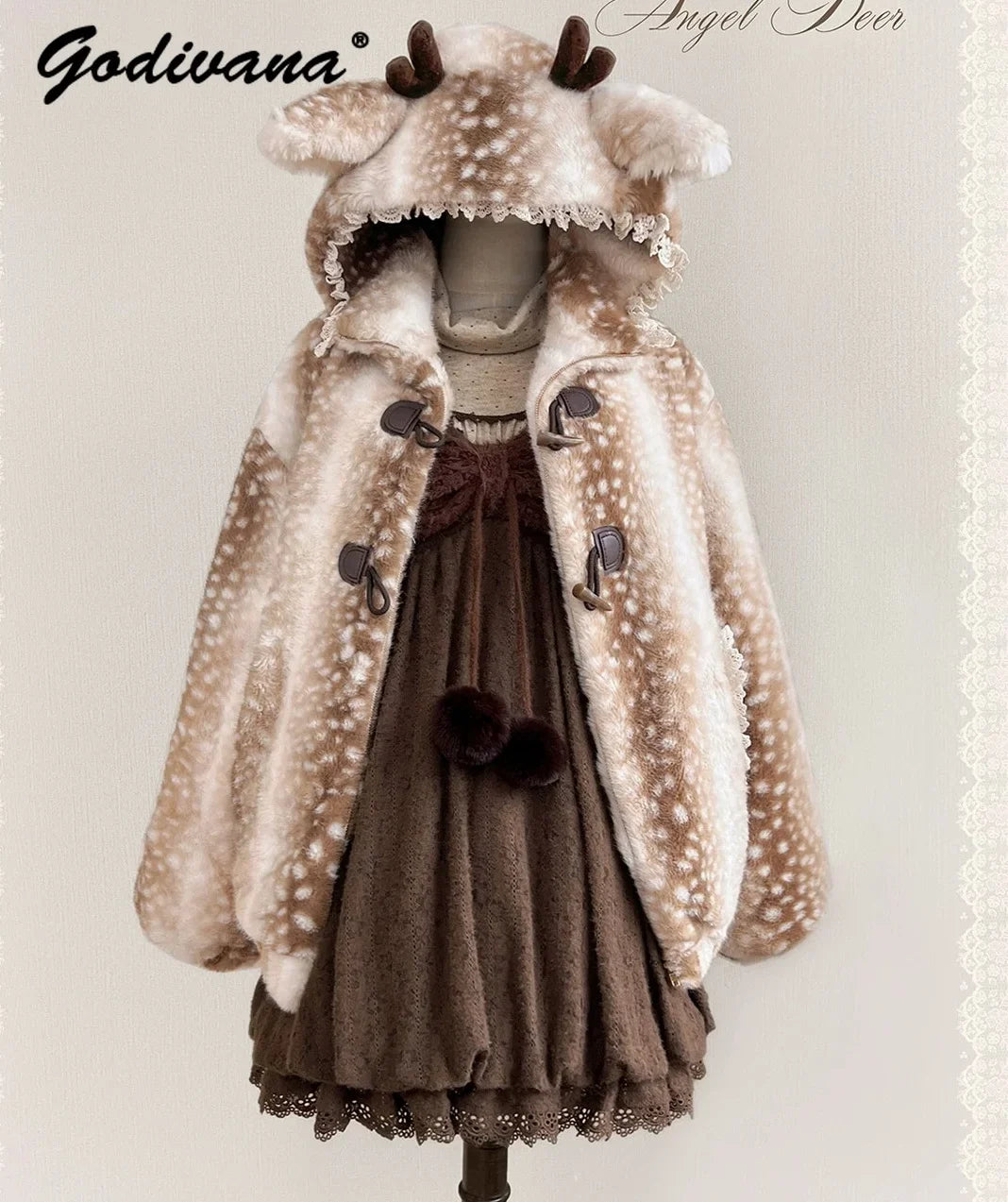 Spotted plush jacket with deer ears and antler hood, Beige/Brown