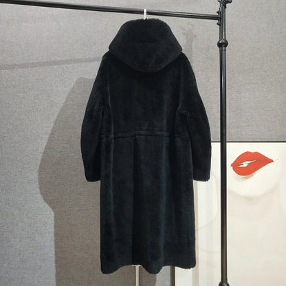 Gefütterter Kapuzenmantel Lang Flauschig mit Tunnelzug Beige