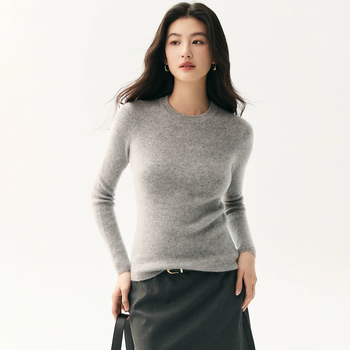 Damen Pullover Rundhals Langarm Gerippter Saum in verschiedenen Farben