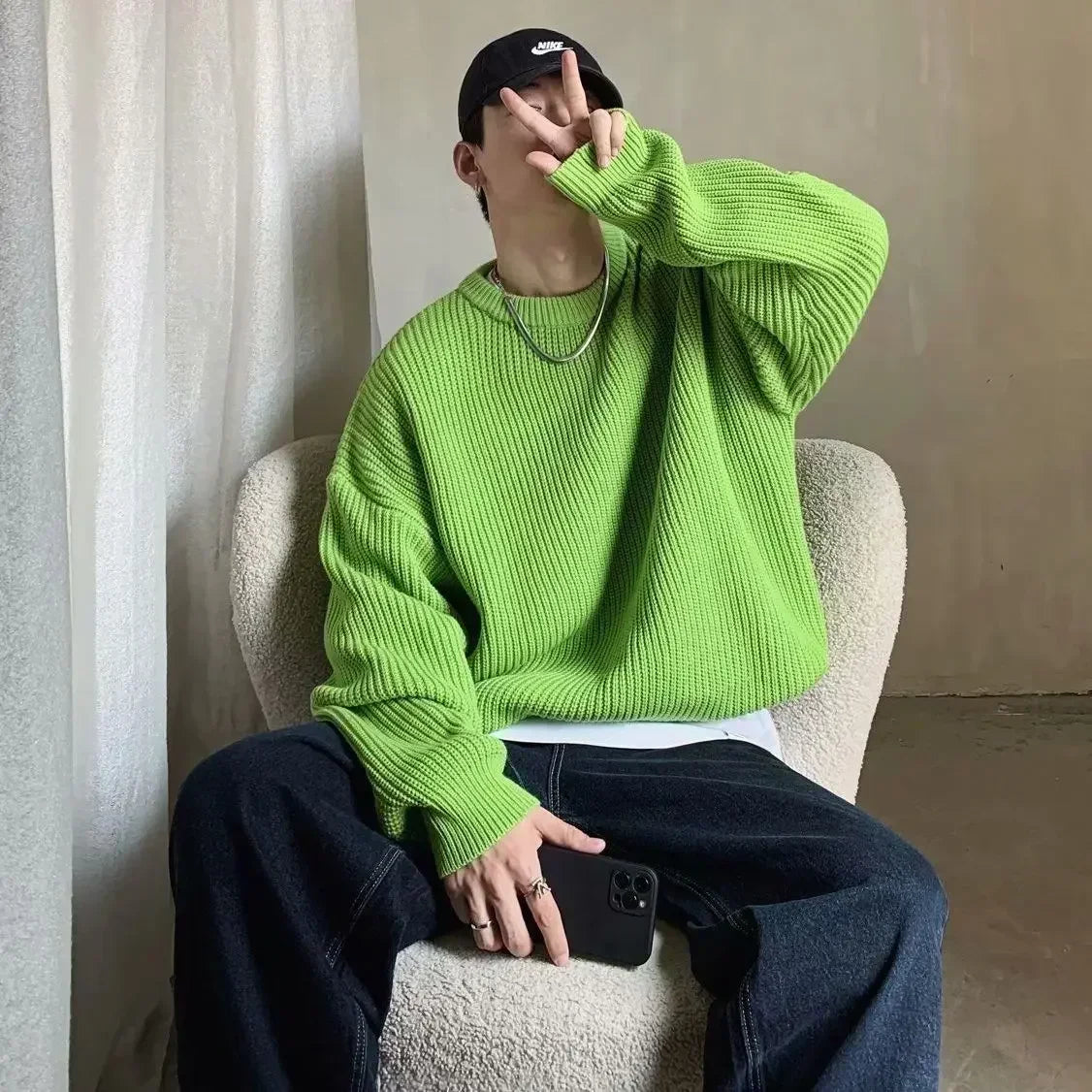 Unisex chunky-knit oversized crew-neck long-sleeve sweater