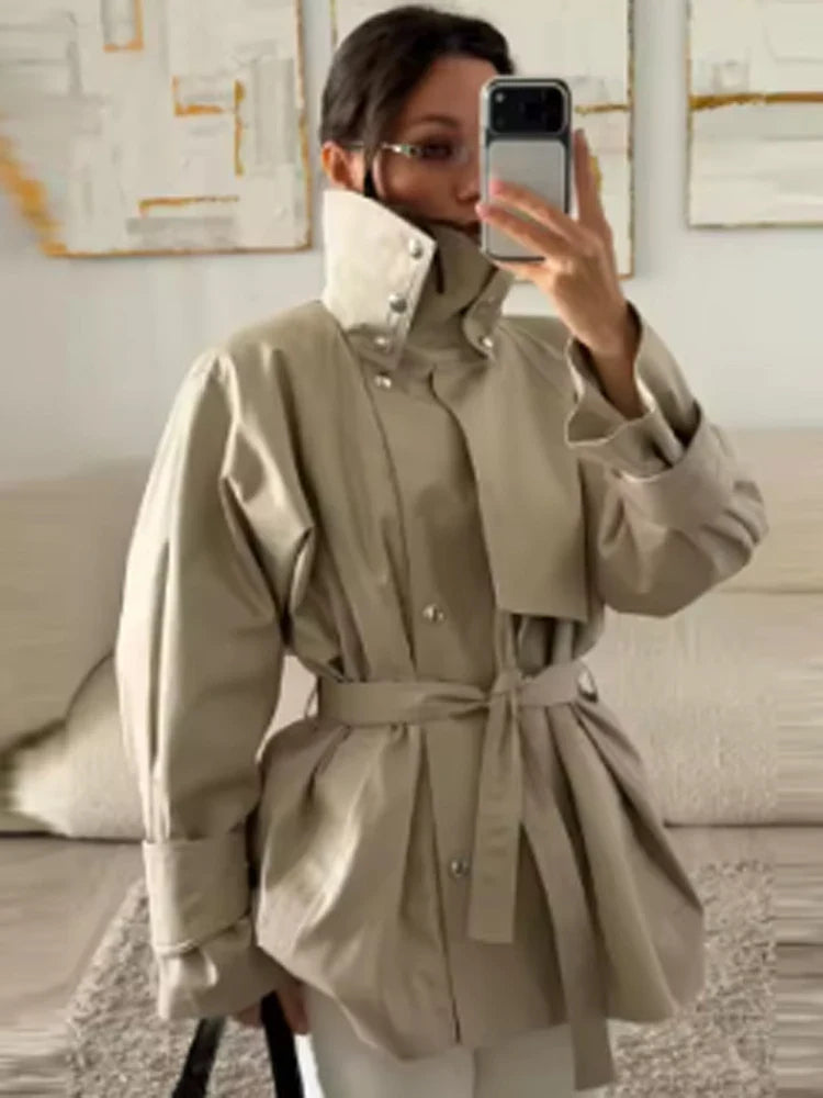 Damen Trenchcoat Kurz oder Lang mit Bindegürtel, Zweireiher Kragen, diverse Farben