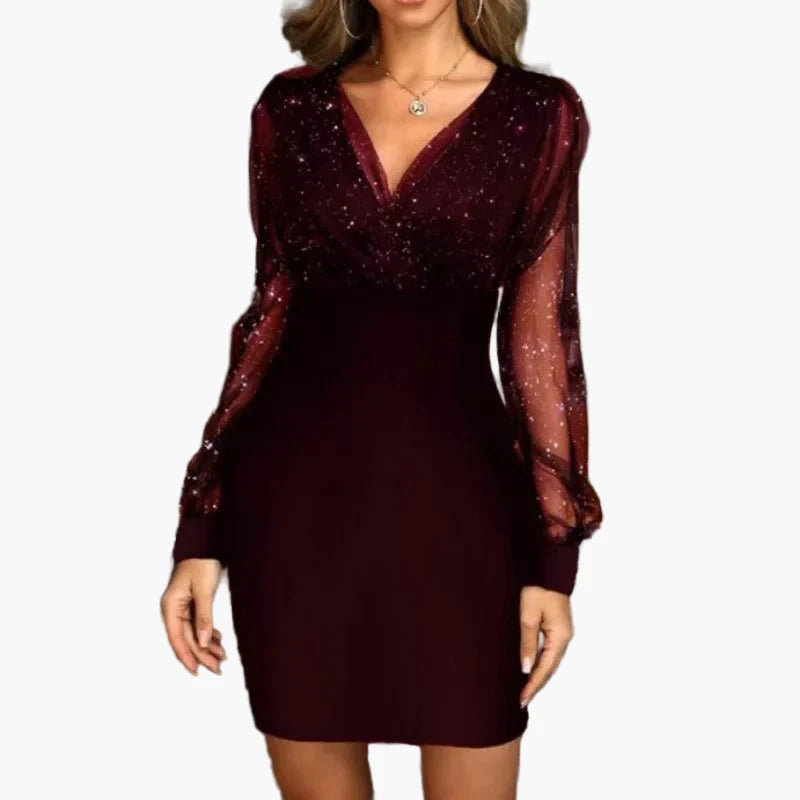 Damen Abendkleid mit Glitzer-Effekt und transparenten Ärmeln – Elegantes Partykleid für besondere Anlässe