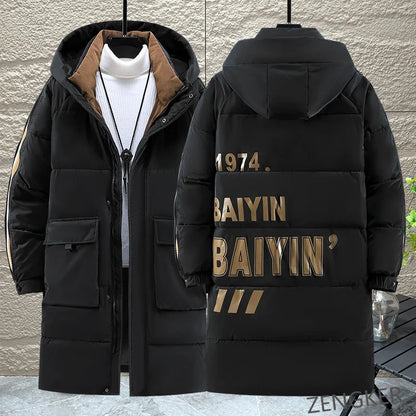 Long men's winter padded coat with hood in black