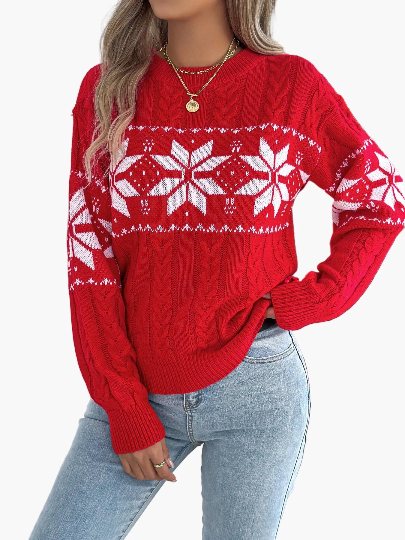 Damen Winter Pullover mit Norwegermuster – Festlicher Strickpullover für Freizeit und Weihnachten