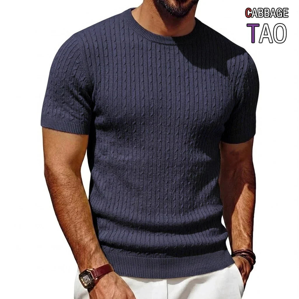 Men's short-sleeve knit pullover cable-knit pattern crew neck