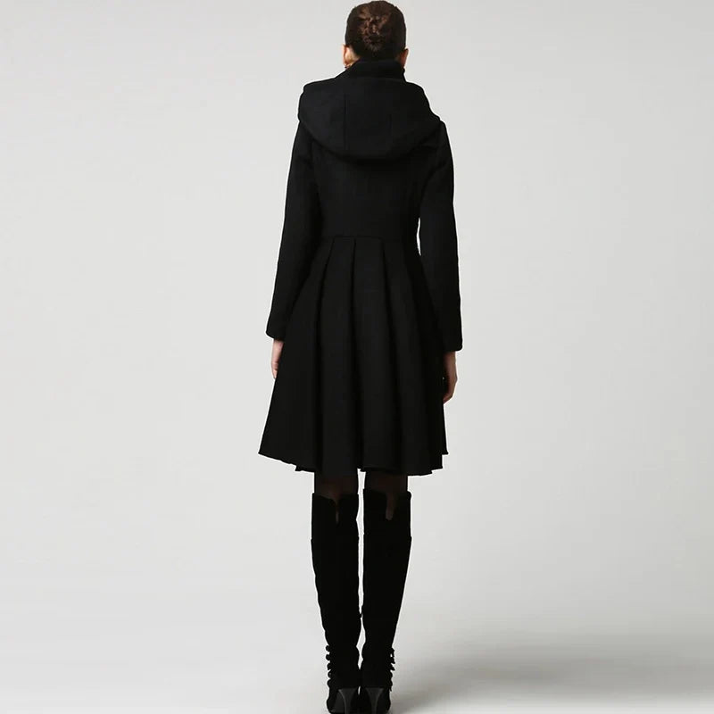 Damen Mantel Schwarz Asymmetrisch mit Stehkragen und Reißverschluss